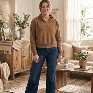 SELF CONTRAST Women Brown Textured Terry Quarter Zip Pullover Sweatshirt Small